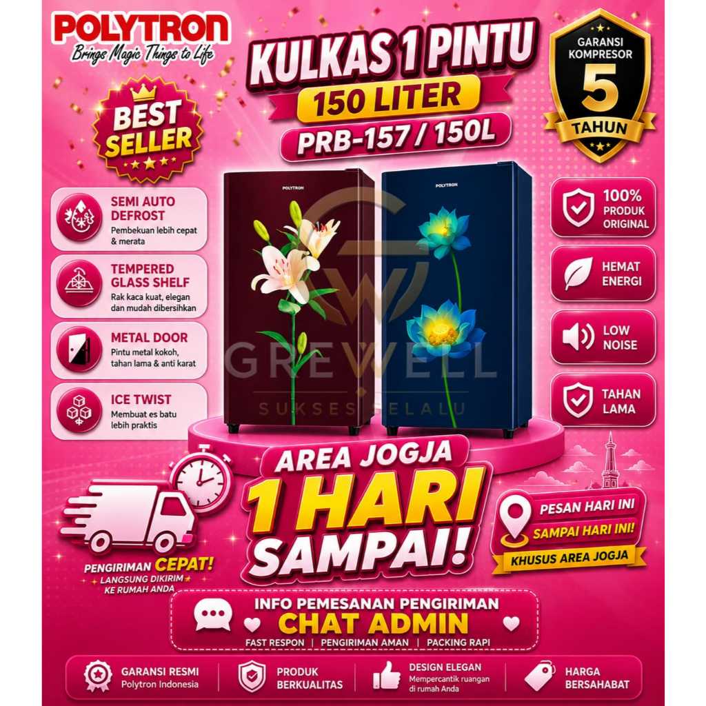 Kulkas 1 pintu Polytron 150L  PRB-157/159 R/B warna random | Kulkas Polytron 1 pintu murah, baru, be