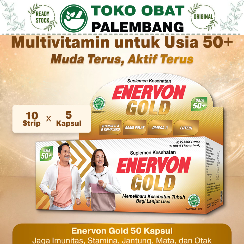 1 BOX ENERVON GOLD ISI 50 KAPSUL 10 STRIP ENERVON C GOLD LUTEIN OMEGA EPA DHA VITAMIN ORANG TUA ASAM