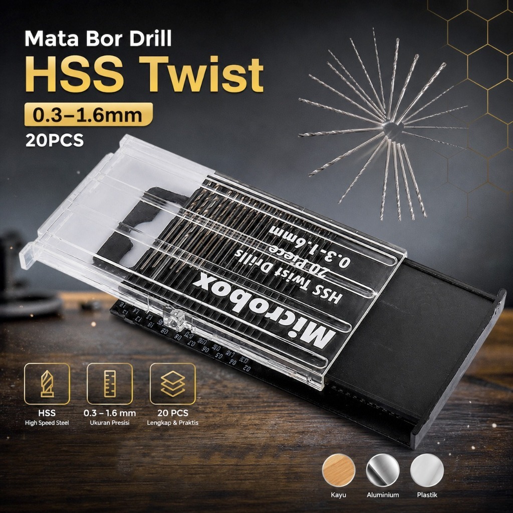 Microbox Hss Twist Drills 20pcs 0.3mm - 1.6mm / Mata Bor Micro mini kecil halus / mata bor PCB / bor