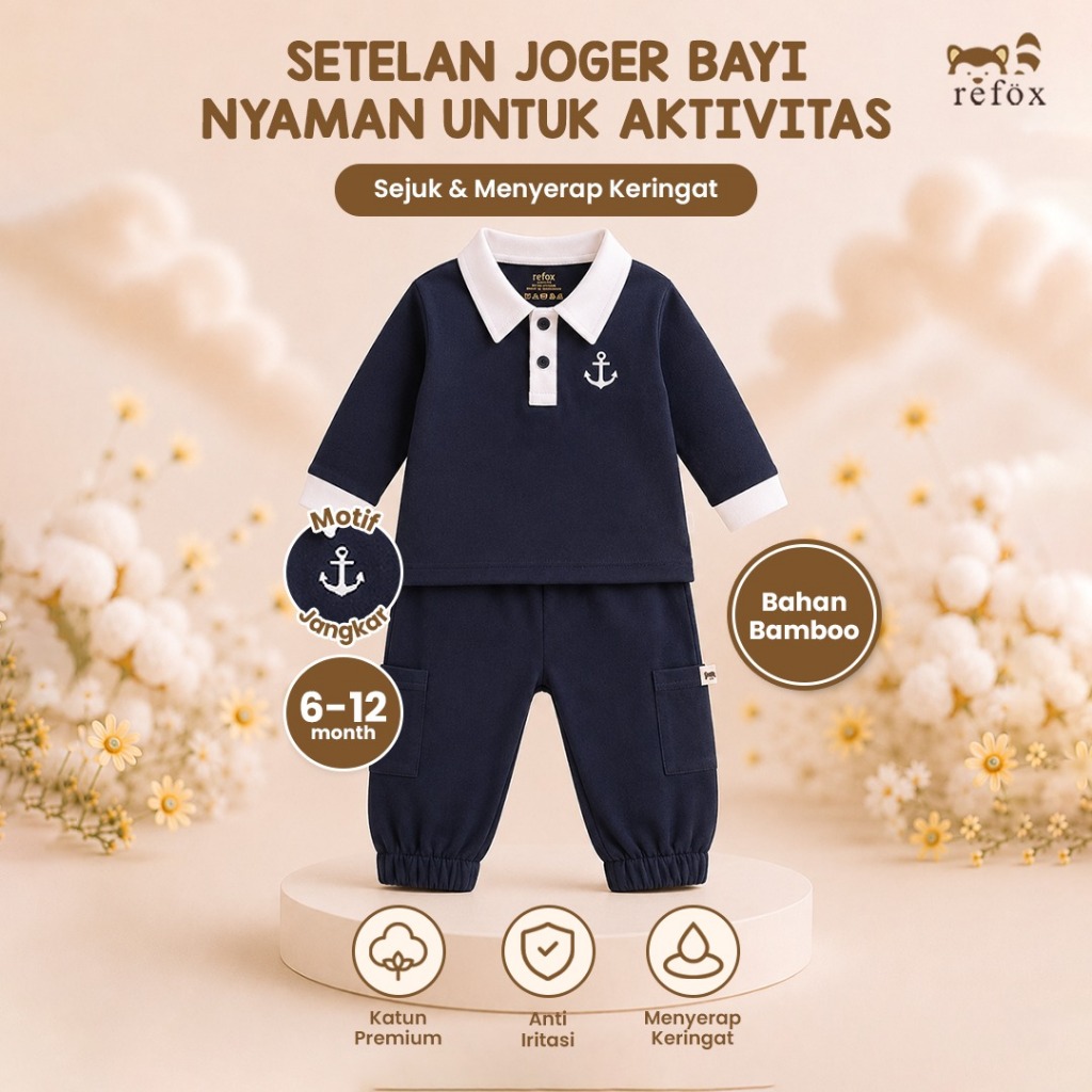 6-12 bulan Refox Bamboo Setelan Joger Navy