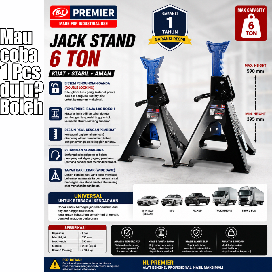 HNL HL H&L PREMIER Jack Stand 6 Ton Heavy Duty GARANSI 1 TAHUN Premium Industrial Set 2Pcs Dongkrak 