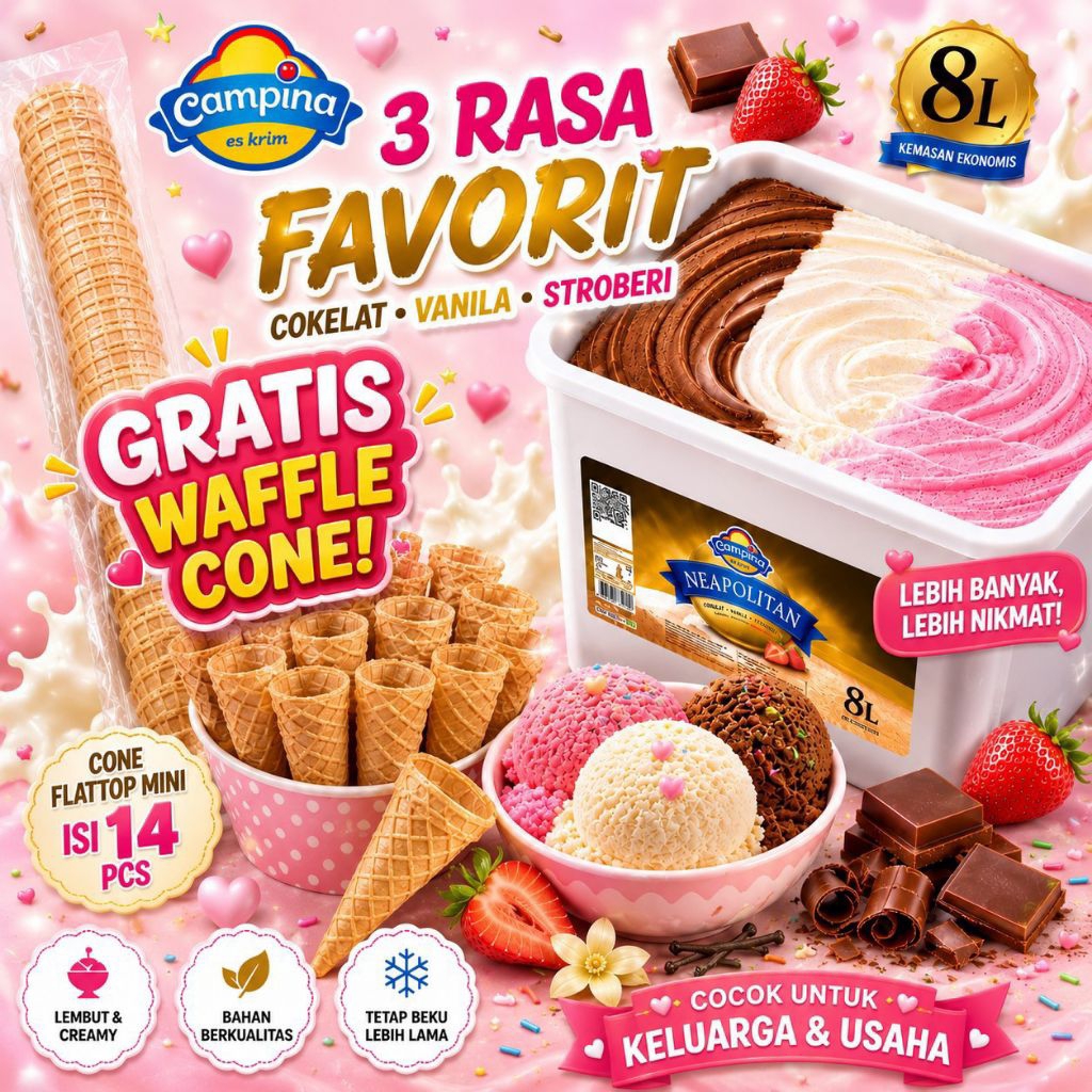 ICE CREAM CAMPINA 8L NEOPOLITAN GRATIS WAFFLE FLAT TOP MINI 14 PCS  / ESKRIM CAMPINA 3 RASA / ES KRI