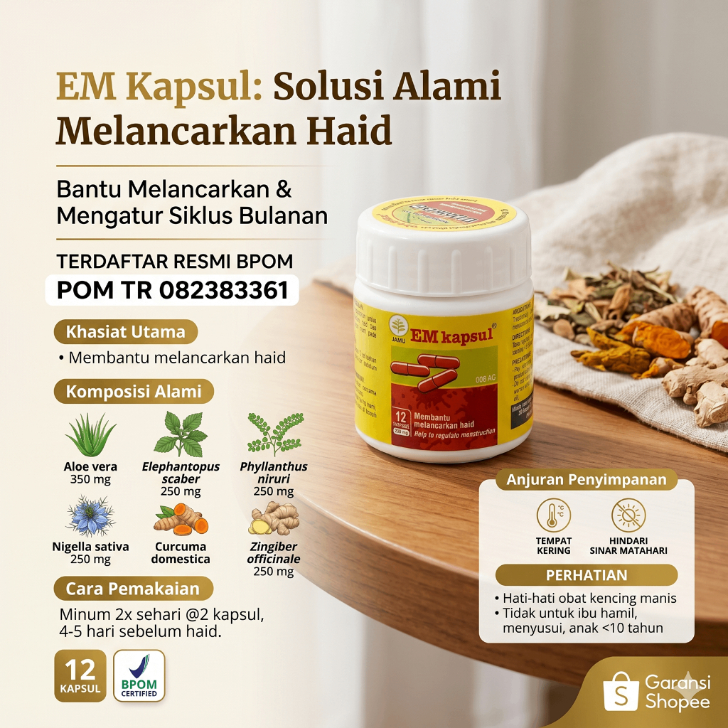 EM KAPSUL Original BPOM - Jamu Pelancar Haid Herbal & Pereda Nyeri Datang Bulan