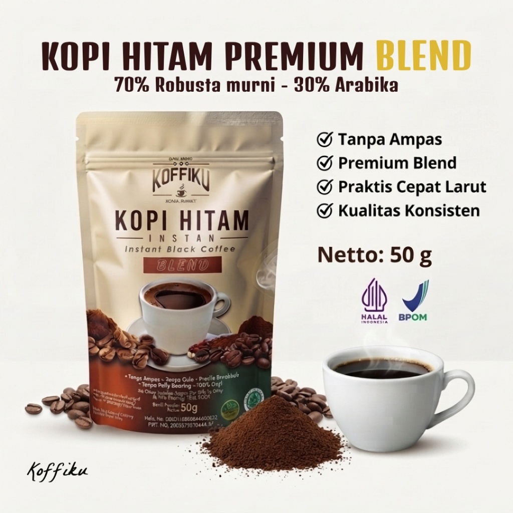 KOFFIKU Kopi Hitam Instan Blend 50g | House Blend Robusta Arabica Premium | Tanpa Ampas Tanpa Gula