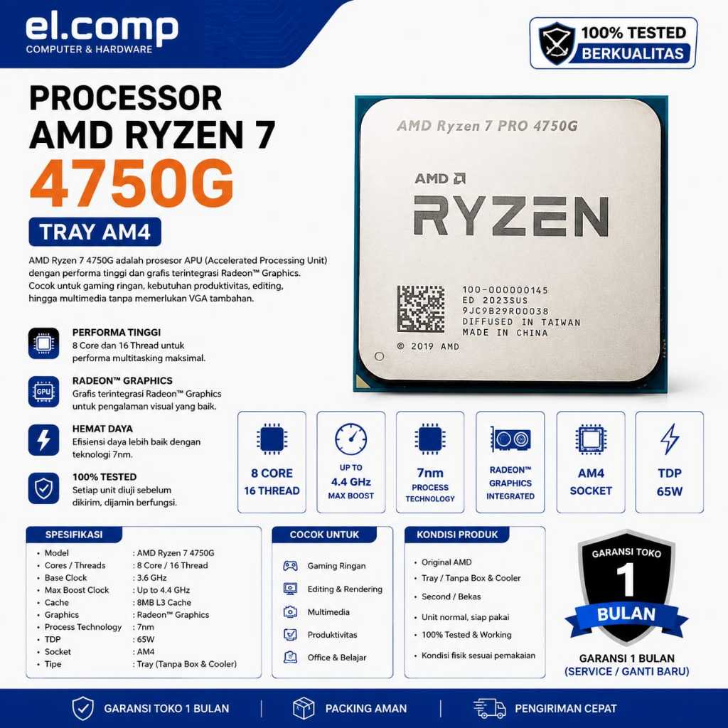 PROCESSOR AMD RYZEN 7 4750G TRAY AM4 MURAH