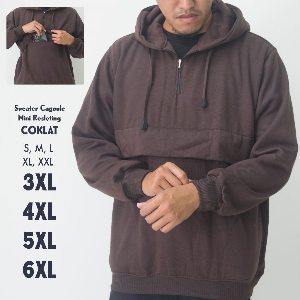 Jaket Hoodie Cagoule Coklat Pria Jumbo Big Size S M L XL 2XL 3XL 4XL 5XL 6XL Fleece