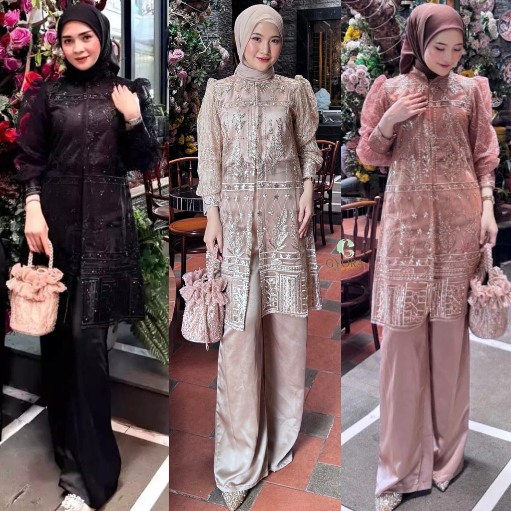 GYORA | SETELAN TUNIC BROKAT 3IN1 MAXMARA LUXURY MOTIF TILE WANITA PESTA MEWAH MAHOGANY MOCCA