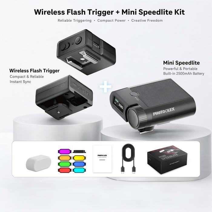 Photoolex G01 Mini Speedlite + GT1 Wireless Flash Trigger Nirkabel Set Kit Dilengkapi 7 Filter Warna