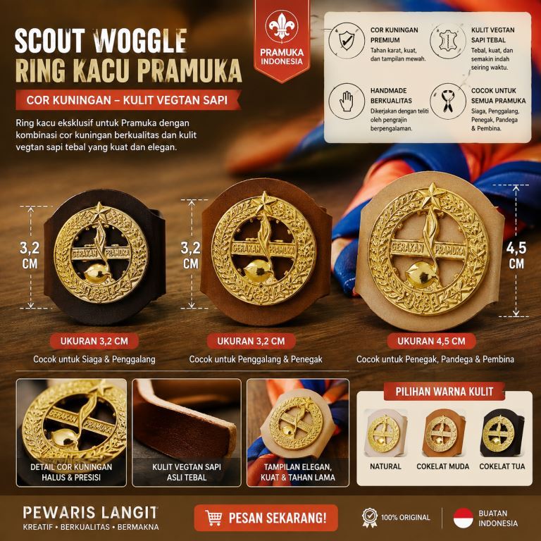 Scout Woggle Ring Kacu Pramuka Cor Kuningan Premium Kulit Vegtan Sapi Asli Tebal Handmade