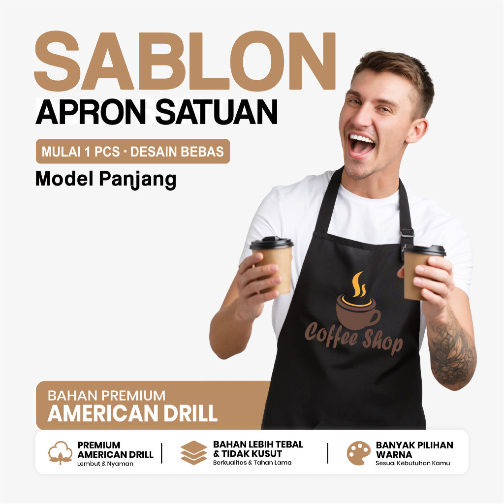 Apron Custom / Celemek Custom Logo / Apron Celemek Sablon Desain Custom / Celemek Sablon Satuan / Ap