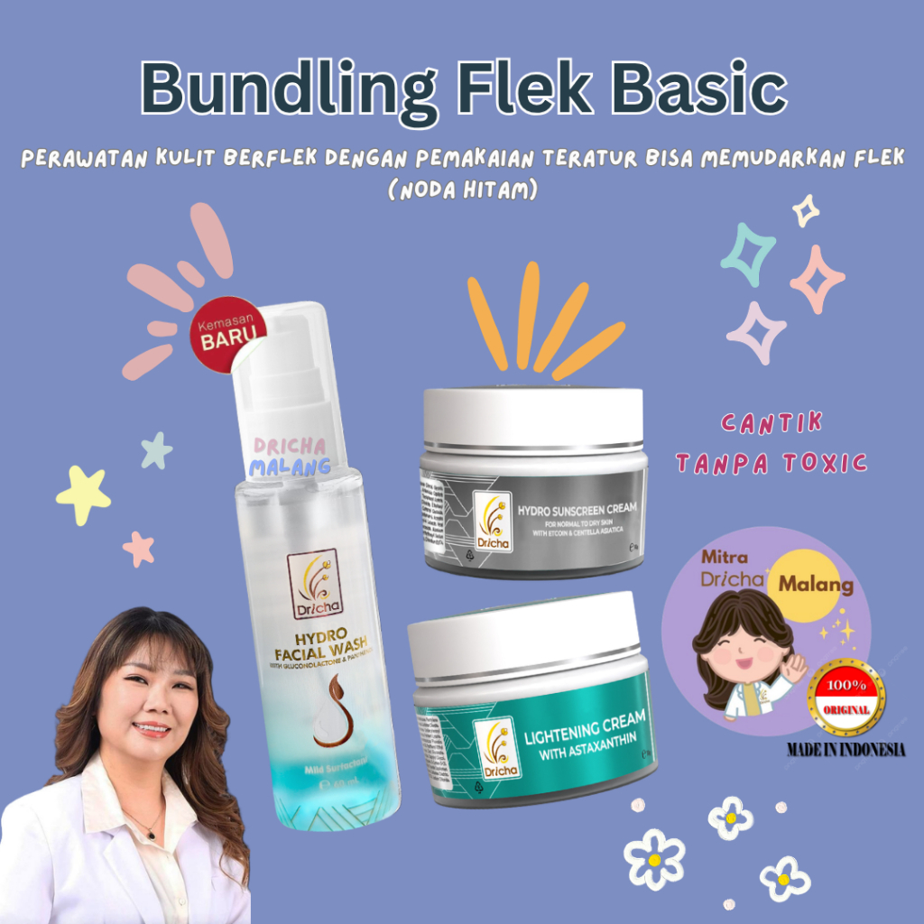 Dricha bundling facial wash hydro+hydro sunscreen+lightening cream(untuk flek ringan)