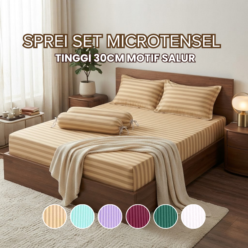Sprei Set Hotel Microtensel Tinggi 30cm Motif Salur