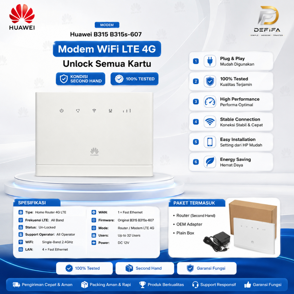Huawei B315 B315s-607 Router Modem WiFi LTE 4G Unlock Semua Kartu | Wireless Router | Plug & Play