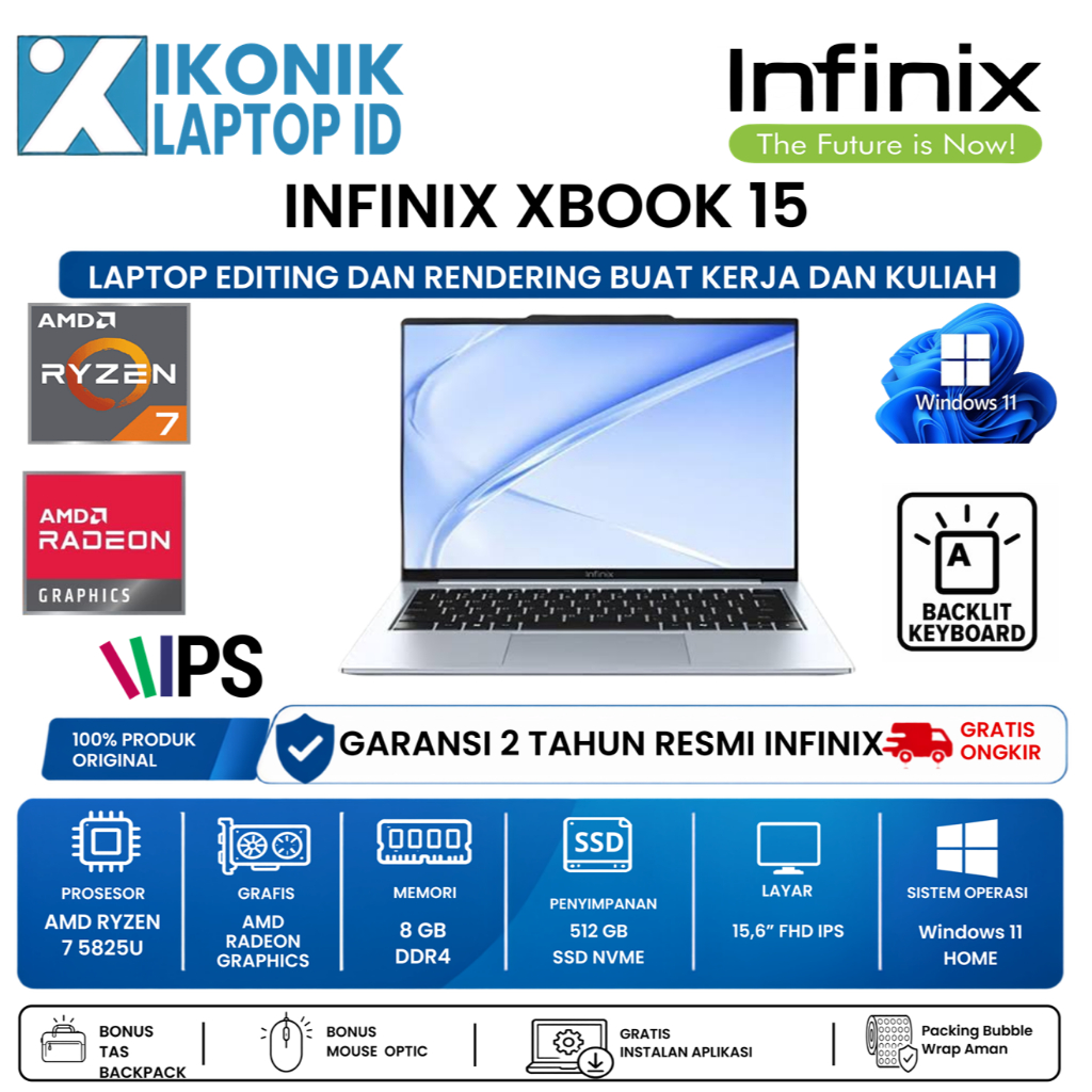 Laptop gaming Infinix Xbook 15 Amd ryzen 7 5825U 15,6" fhd ips windows original Bergaransi