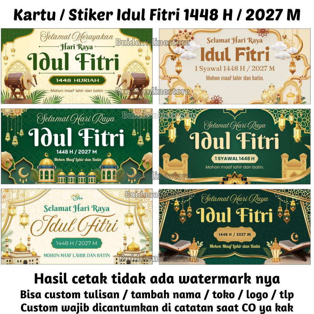 Label Stiker / kartu ucapan Selamat Hari Raya Idul Fitri 1448 H 2027 M Happy Eid al Fitr Mubarak Sti