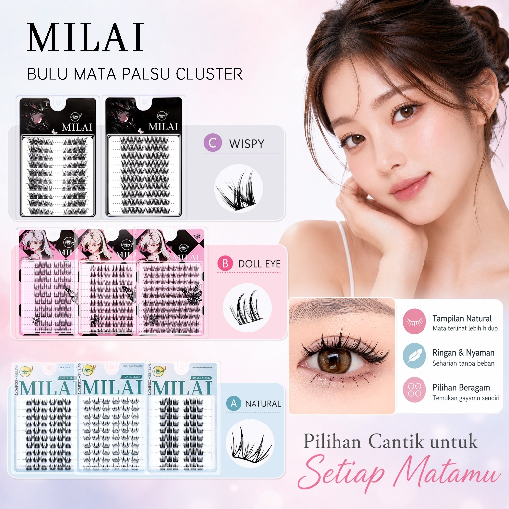 MILAI Bulu Mata A08 Trilogy Bulu Mata Palsu - Eyelash Extension | Riasan Mata Bulumata Palsu