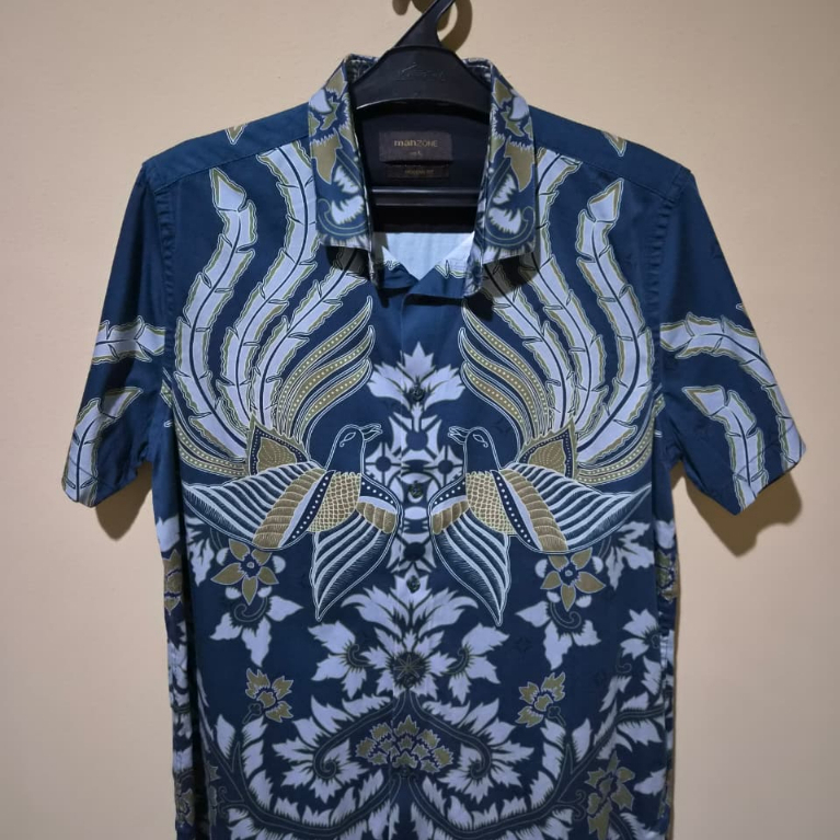 Kemeja Batik Manzone Original Pria Modern Fit Lengan Pendek Size L Gold Blue