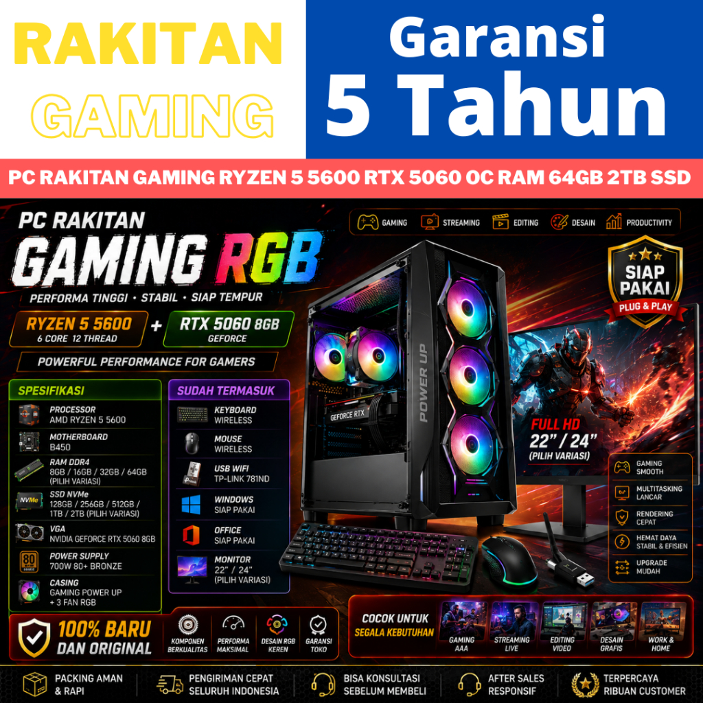 PC RAKITAN GAMING AMD RYZEN 5 5600 RTX 5060 8GB FULLSET SIAP PAKAI