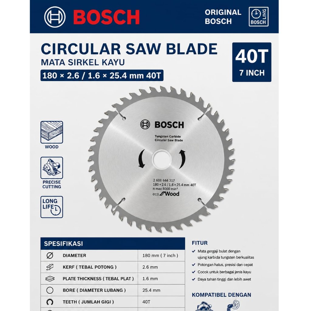 BOSCH Circular Saw Blade Mata Sirkel Kayu 24 T 40T 7 Inch Mata Potong Serkel Original @Saka08materia