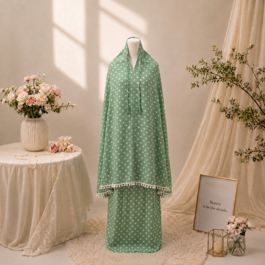 Mukena Anak Rayon Viscose Premium Motif Polkadot Renda Bubble