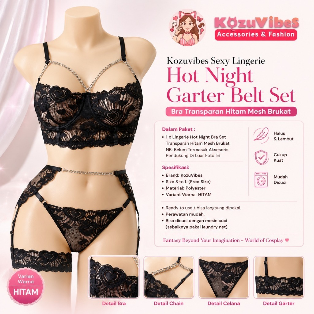 Kozuvibes Sexy Lingerie Hot Night Bra Set Transparan Hitam Mesh Brukat