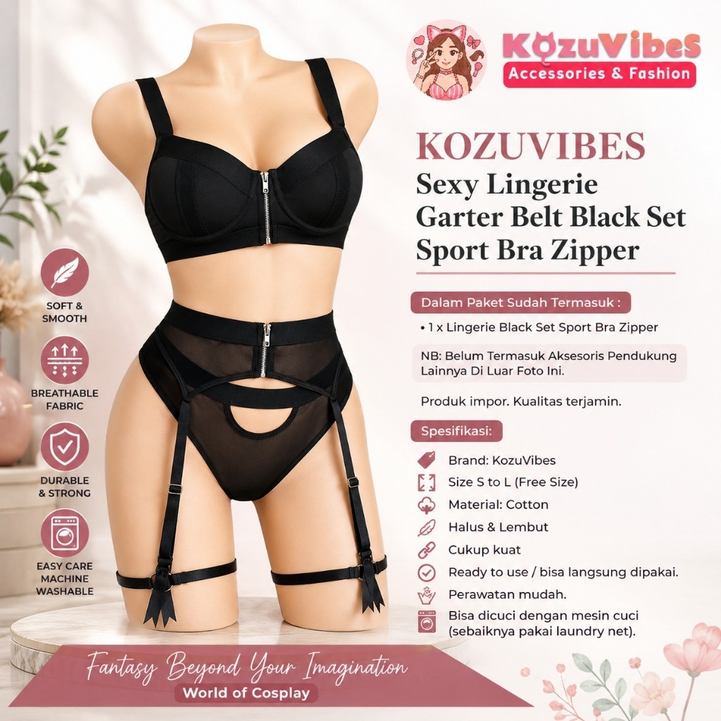 Kozuvibes Sexy Lingerie Garter Belt Black Set Sport Bra Pakaian Dalam Zipper BH Olahraga Hitam
