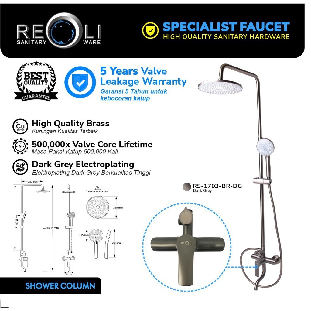 REOLI Shower Tiang Set Column Mandi Keran Kran Panas Dingin Chrome REOLI 1703