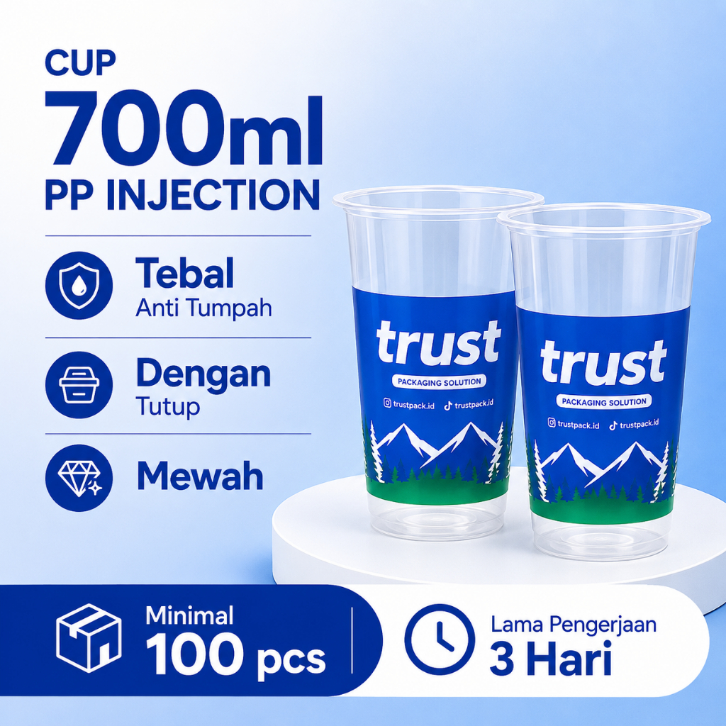 Sablon Cup Injection PP 700ml Custom Logo | Cetak Gelas Plastik Tebal Food Grade Kopi Boba Thai Tea