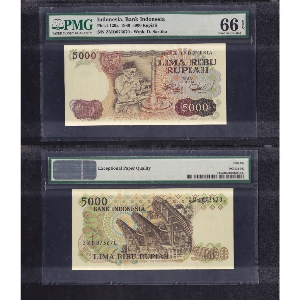 Uang kuno PMG 66 EPQ - Uang kuno 5000 rupiah tahun 1980 Pengasah Intan S/N ZMO073670