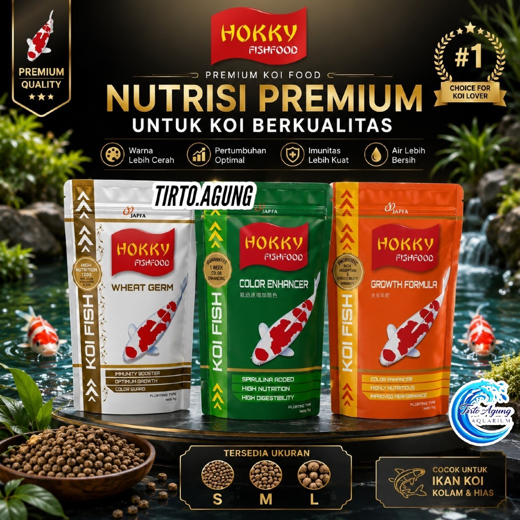 1KG PAKAN IKAN PREMIUM KOI FOOD S M L HOKKY HIRO COLOR ENHANCER fish food color growth White Germ