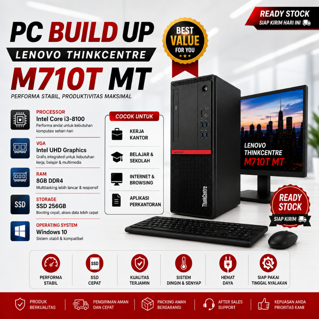 PC Build Up Lenovo ThinkCentre M710T MT Core i3-8100 RAM 8GB SSD 256GB + Monitor 19 Inch