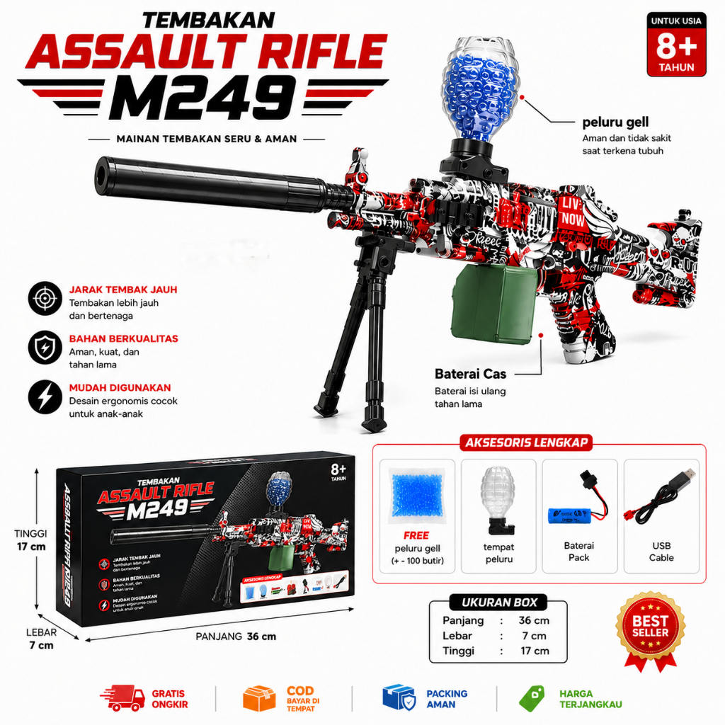 Mainan Anak Tembakan Water Gel M249 Elektrik-Mainan Tembakan Peluru Gel M249 Baterai Cas Elektrik Wa
