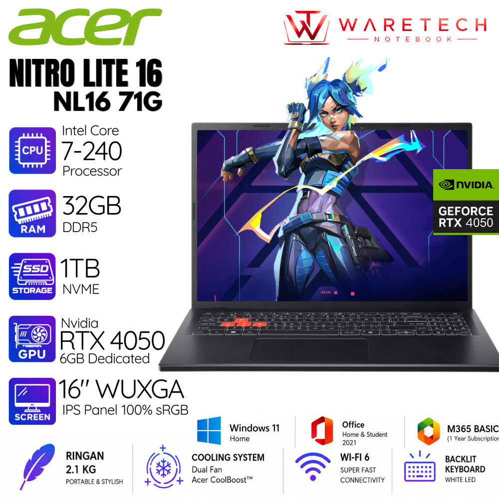 Acer Nitro Lite 16 NL16 71G Intel Core 7 32GB DDR5 SSD 1TB 16 Inch WUXGA 180 Hz Nvidia RTX 4050 6GB