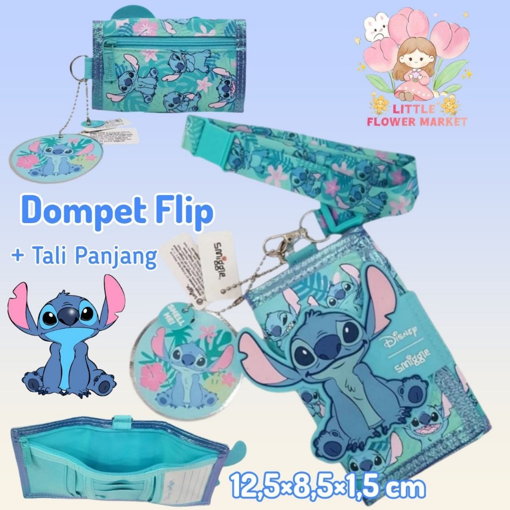Dompet Anak Lipat Motif Stitch / Dompet Lipat Tali Panjang Stitch Anak / Dompet Lanyard Stitch Blue 