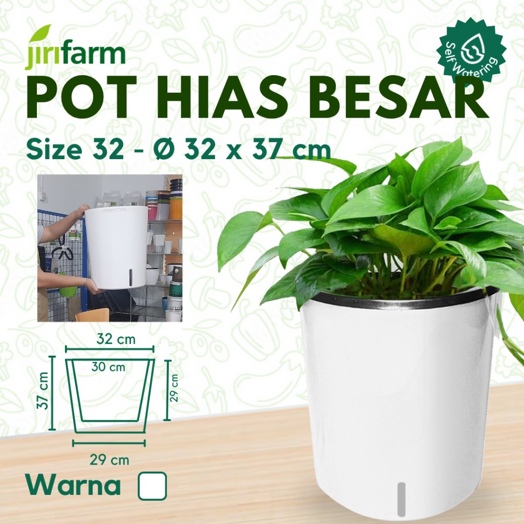 JIRIFARM - Pot Bunga Besar Putih Size 32 - Tanaman Hias Otomatis Self Watering Pot Unik