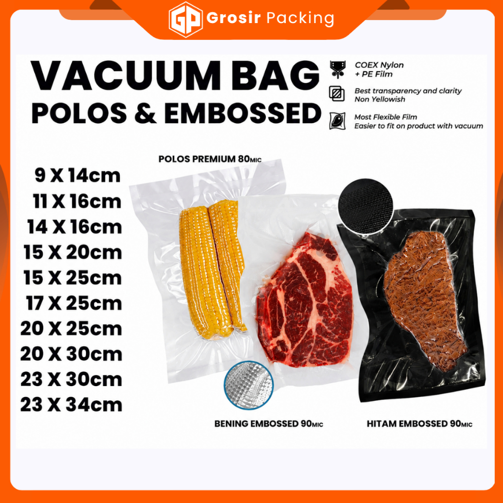 Plastik Vacuum Vacum Bag Sealer Polos Emboss Bening Hitam Medium Size - Delkochoice