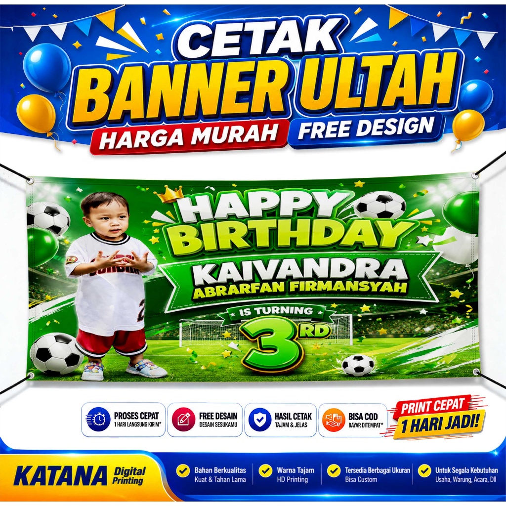 Spanduk Banner Ulang Tahun Anak Custom – Backdrop Banner Happy Birthday Tema Sepak Bola
