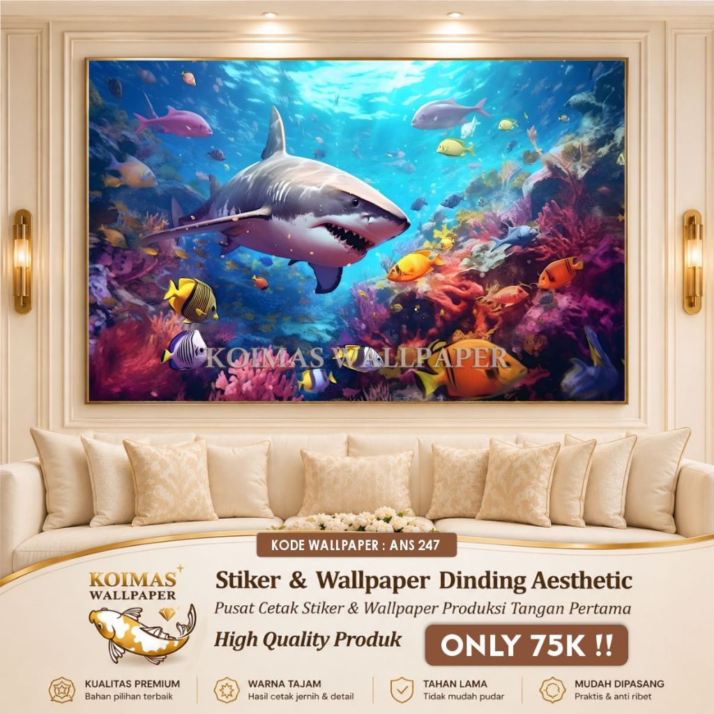 Wallpaper Dekorasi Dinding Ikan Hiu Bawah Laut Hiasan Dinding Bahan Stiker Vynil Sudah Berperekat Ti