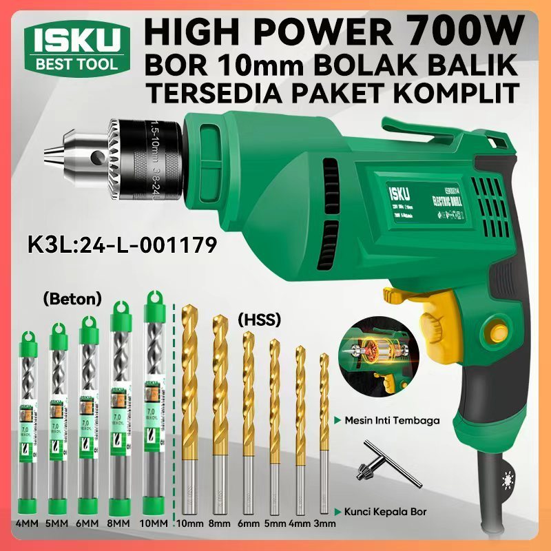 ISKU Mesin Bor Listrik Bolak Bali 700W 220V Hand Electric Drill Berlaku untuk 1.5-10mm Mata Bor/Mesi