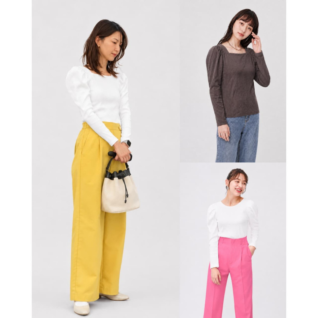Kaos Bahan Rib Lengan Puff-Sleeve GU 2-Way Volume-Sleeve Ribbed Top - 2687