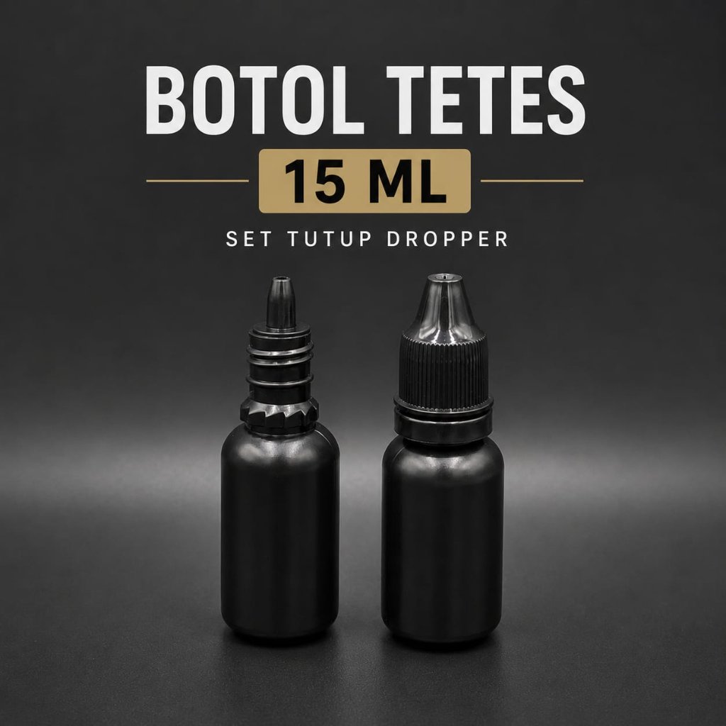 BOTOL TETES HITAM 15 ML SET TUTUP DROPPER / BOTOL TETES MATA,SERUM,KOSMETIK