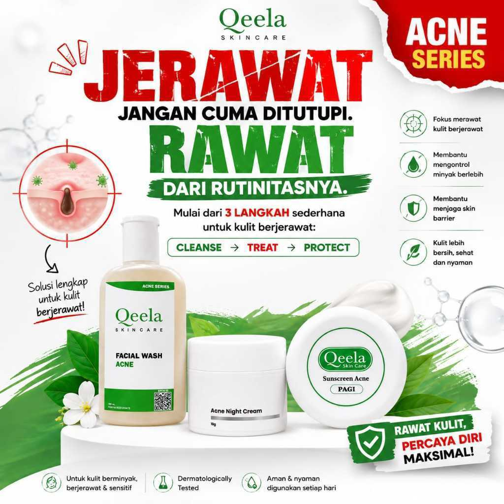 Qeela Skincare Acne Series Paket Perawatan Wajah Berjerawat Berminyak Sensitif BPOM (Facial Wash + N