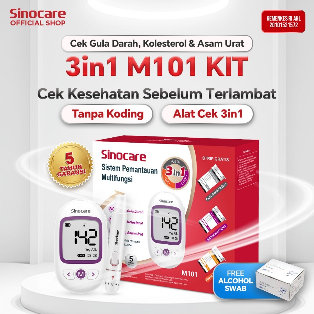 GCU 3IN1 Tanpa Koding Sinocare M101 Alat Cek 3in1 Gula Darah Cholesterol Asam Urat No Coding Packet