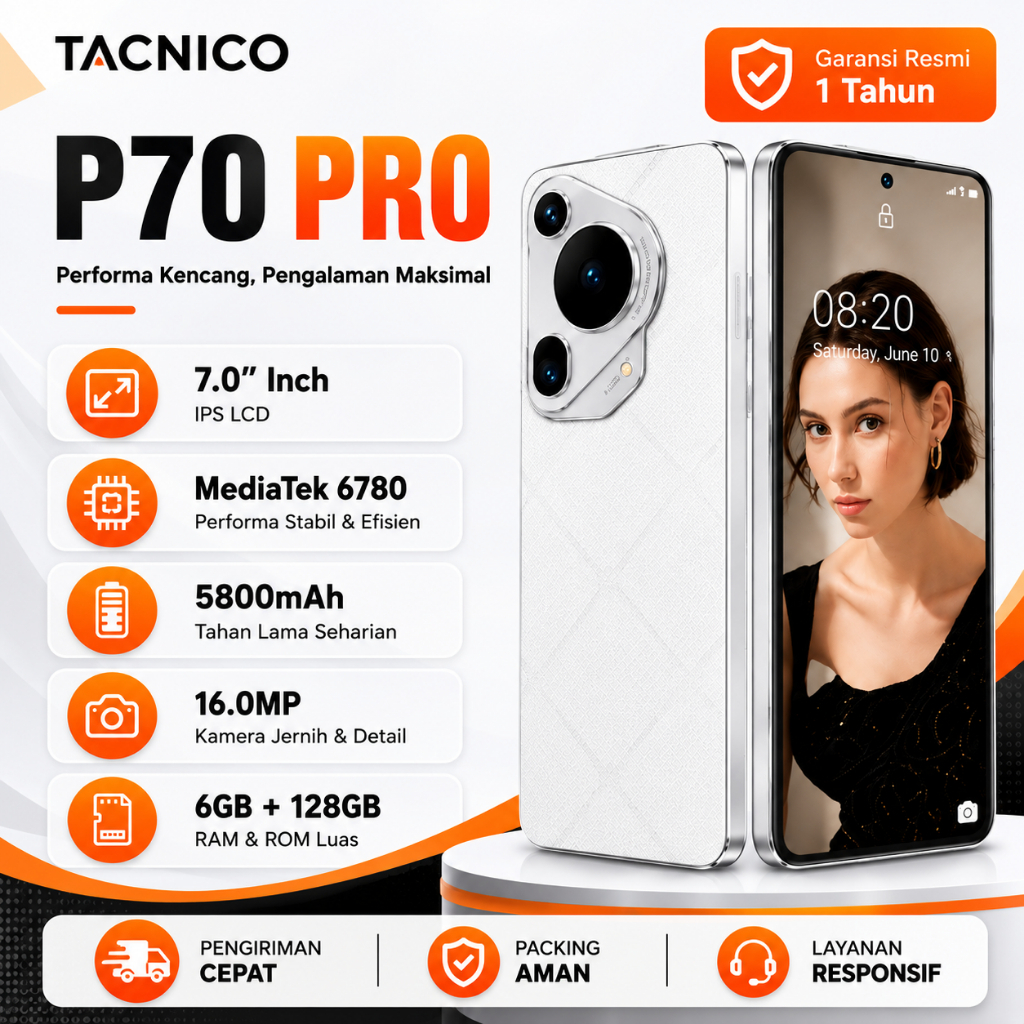 [BARU] Tacnico P70 Pro 5G RAM6+128GB | Layar 7 Inch | MediaTek 6780 | Baterai 5800mAh | Kamera 16MP
