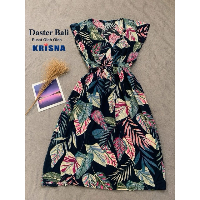 Daster Bali KRISNA dress wanita motif daun lengan pendek pinggang karet