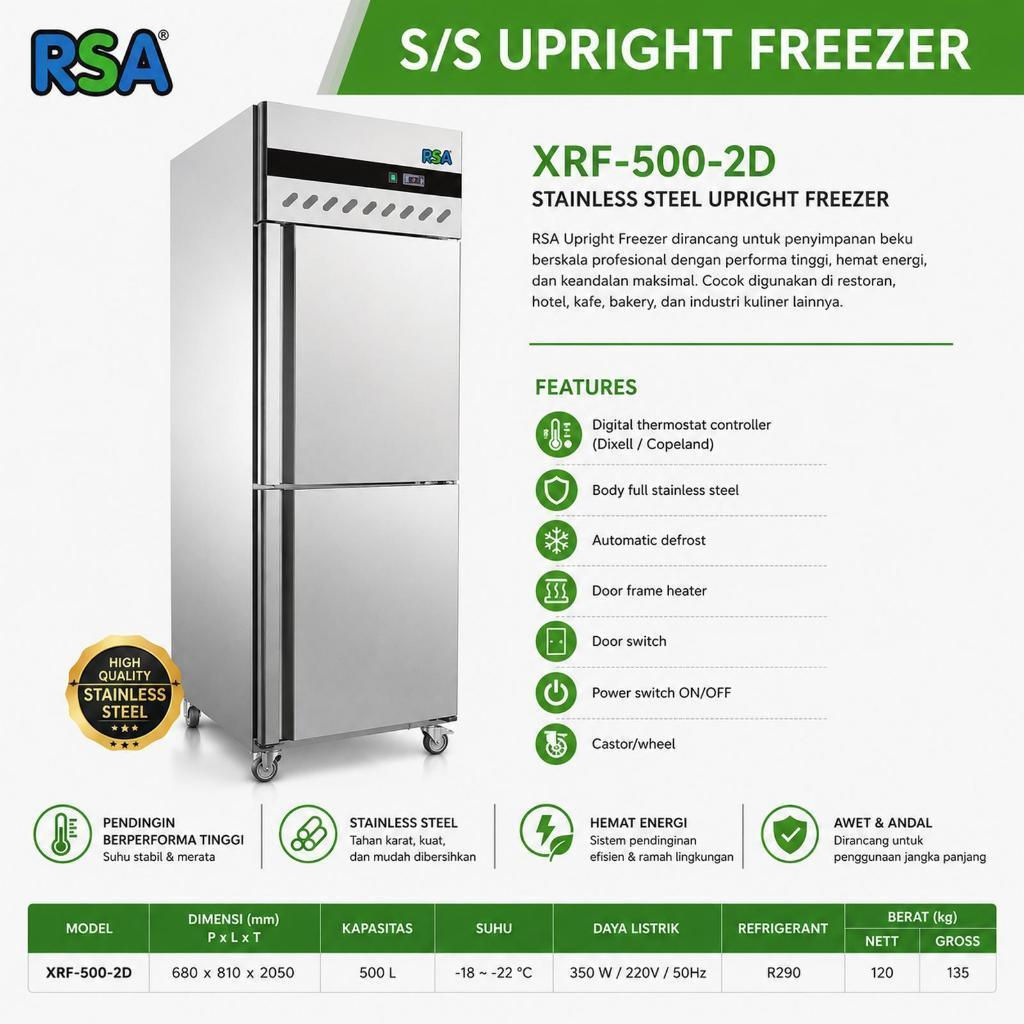 RSA XRF-500-2D / XRF5002D / XRF 500 2D STAINLESS STEEL UPRIGHT FREEZER