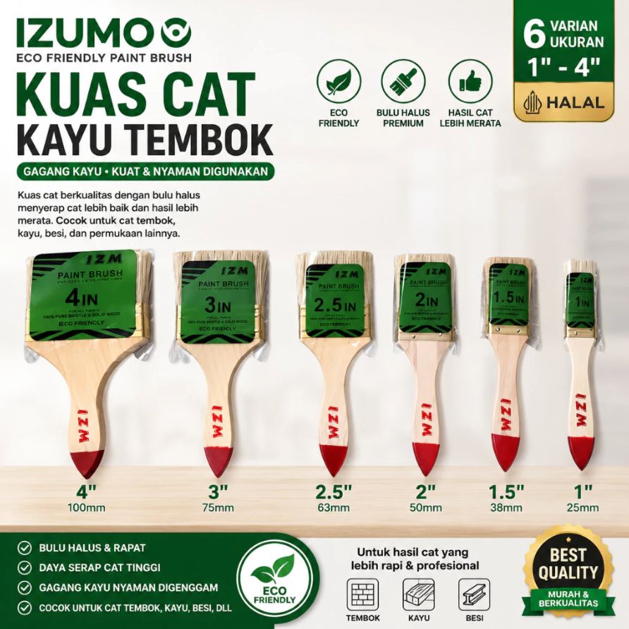 [IZM] Kuas Cat Tembok Gagang Kayu Serbaguna Paint Brush ECO 1/1.5/2/2.5/3/4 Inch Komplit Lengkap Uku