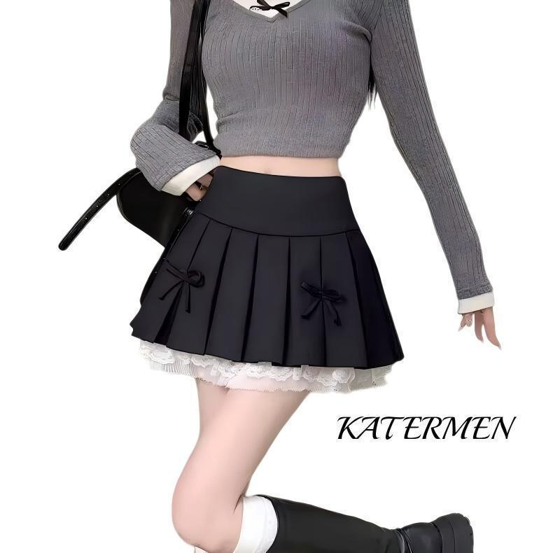 KATERMEN Rok pendek A-line rok lipit rok pendek patchwork tepi renda/rok lipit gaya Korea