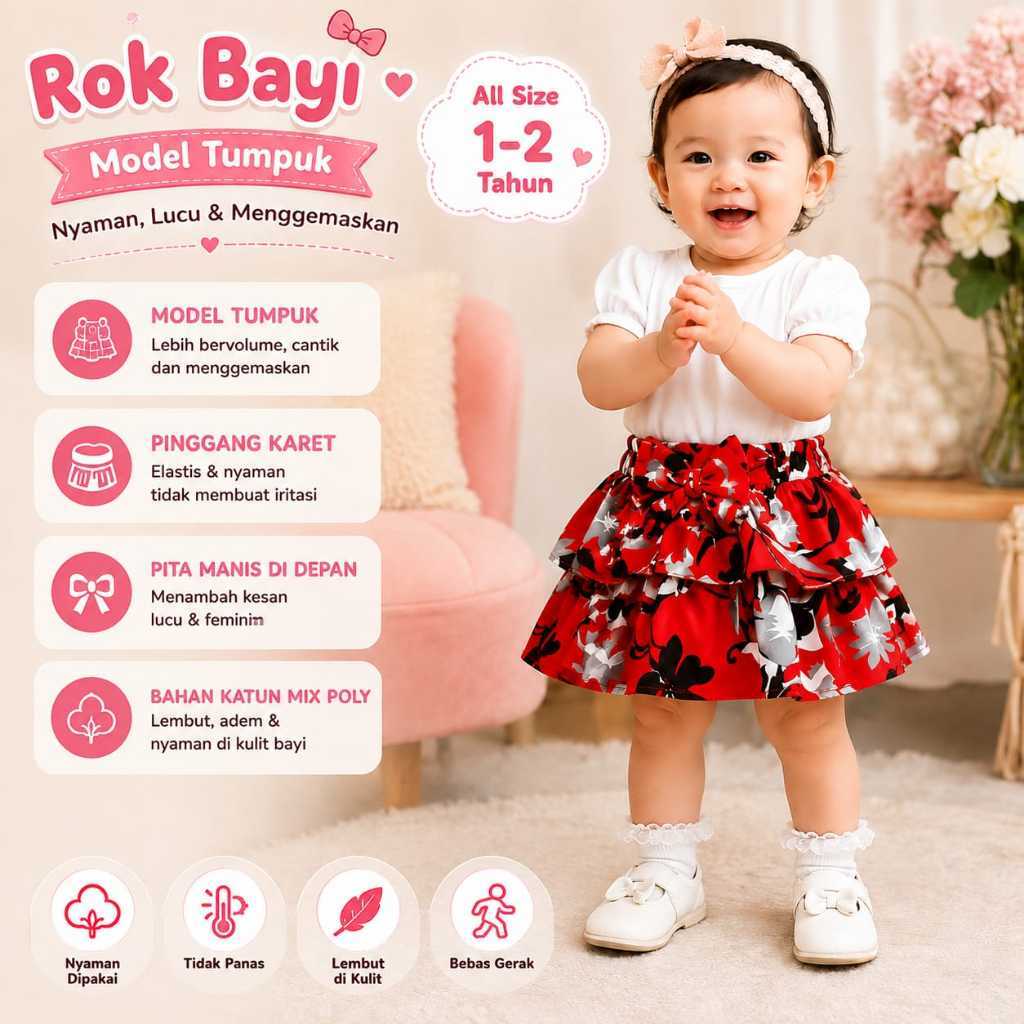 Rok Bayi Perempuan Model Tumpuk Ruffle Katun Poli Motif Bunga Umur 1-2 Tahun / Rok Anak Cewek All Si