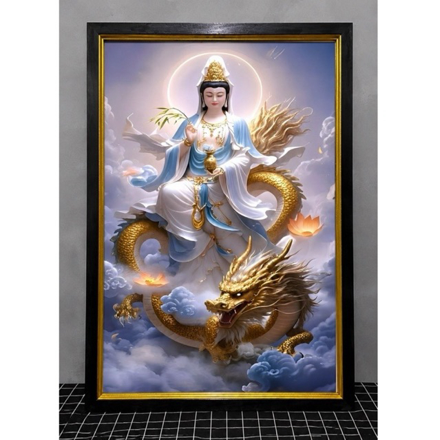 Poster Hiasan Guanyin Naga Emas ukuran 45x65cm dalam Bingkai Hitam Dekorasi Dinding Rumah